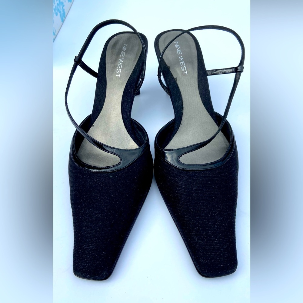 Nine West silver shimmer sling back square toe, patent leather heel size 8.5 M